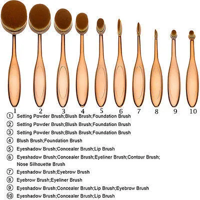 10pcs Golden Iconic Beauty Oval Toothbrush Shape Makeup Brushes Set