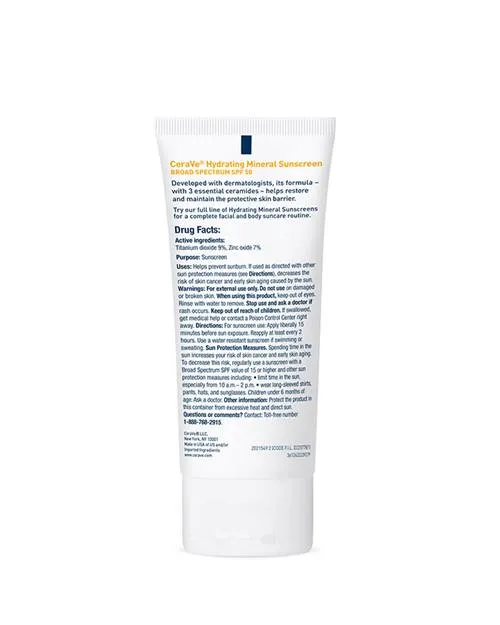 CeraVe Hydrating Mineral Face Sunscreen Lotion with Zinc Oxide – SPF 50 – 2.5oz 75Ml