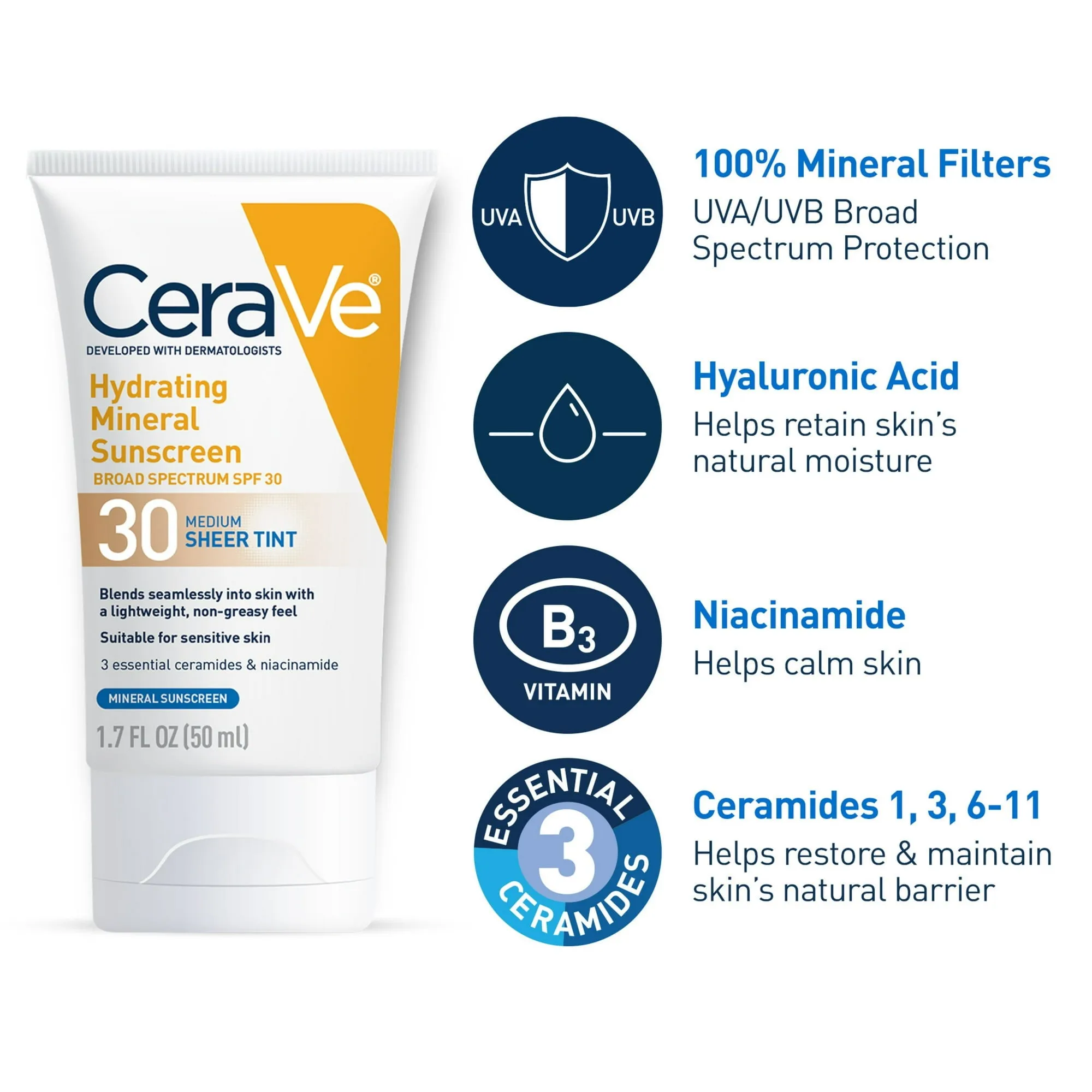 CeraVe Hydrating Mineral Sunscreen, Sheer Tint Face Sunscreen with SPF 30, All Skin Types 1.7 fl oz