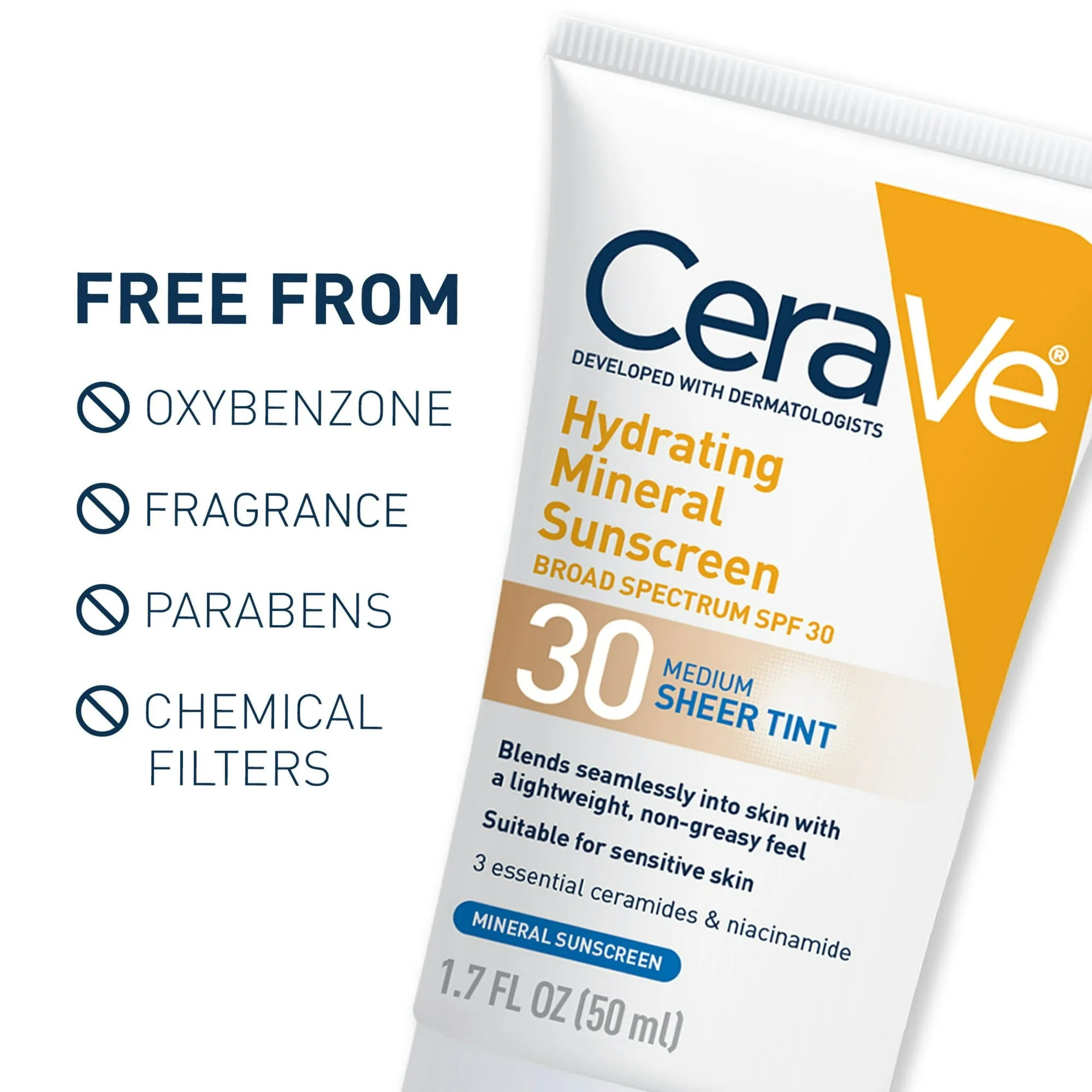 CeraVe Hydrating Mineral Sunscreen, Sheer Tint Face Sunscreen with SPF 30, All Skin Types 1.7 fl oz