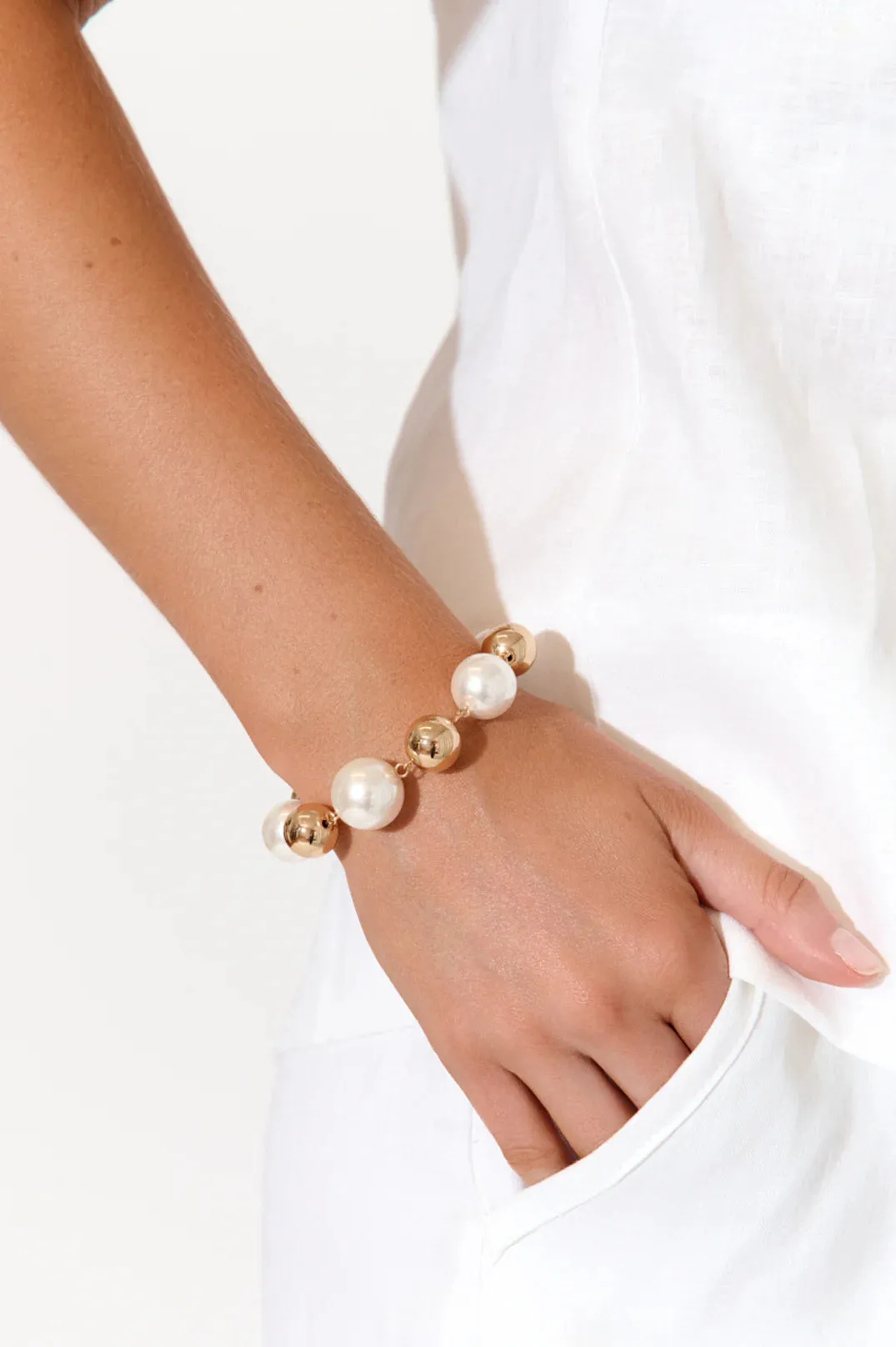 Faux Pearl Metal Ball Bracelet Cream/Silver
