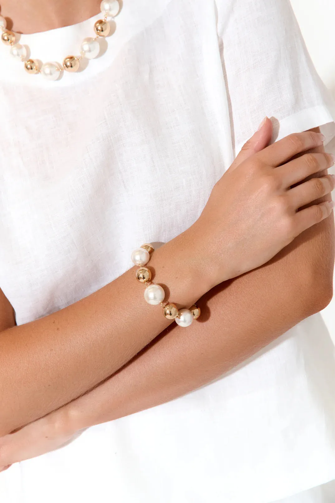 Faux Pearl Metal Ball Bracelet Cream/Silver